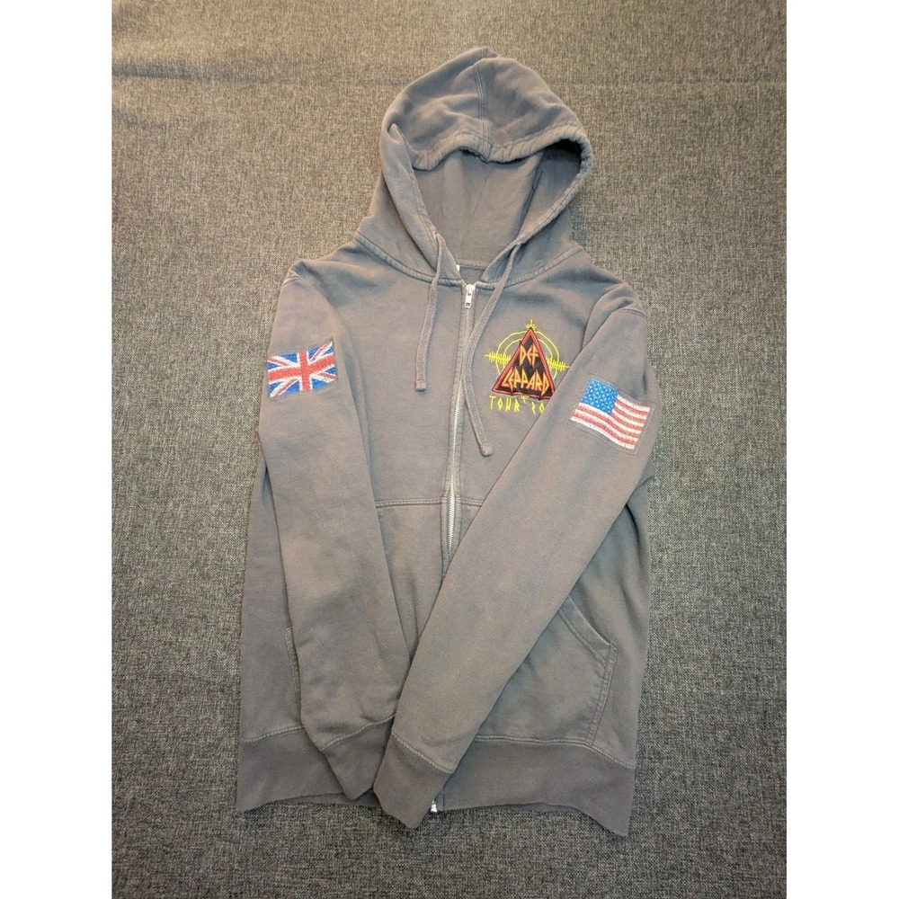 DEF LEPPARD Hoodie Gray Full Zip 2019 Tour Logo US / UK Flag Small S Sweatshirt